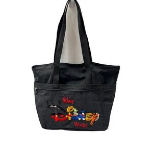 Vintage Tote Bag Walt Disney World Black  Embroidered Mickey Pooh Nylon Zip Top